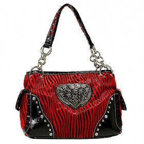 Animal Zebra Print Satchel Bags w/ 3-Heart Charm - Red - BG-112HZ-RD